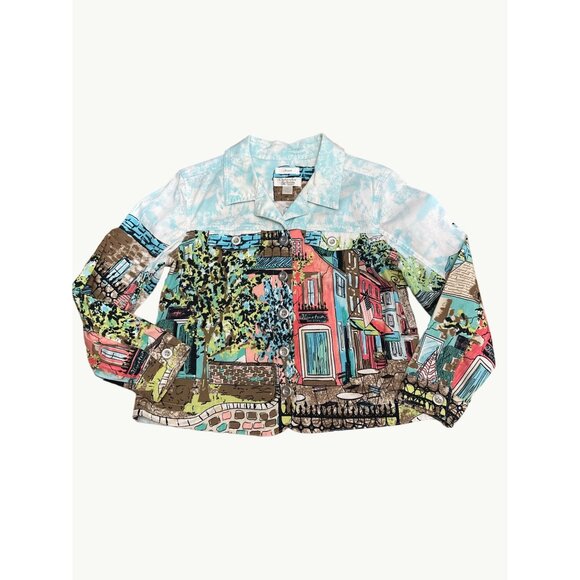 Christopher & Banks PM Stretch Jacket Colorful Town Print Button Up Front - Picture 8 of 11